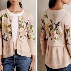 Anthropologie Embroidered Floral Bird Cardigan